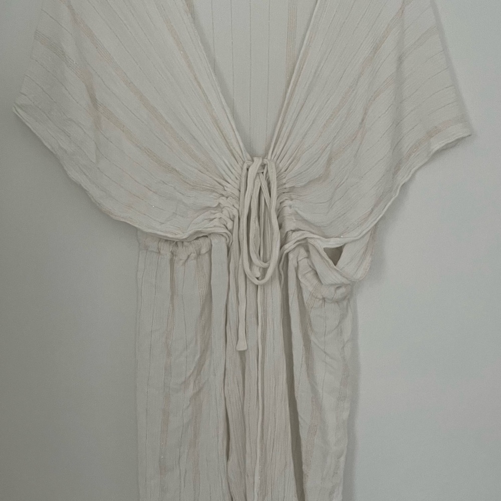 Cream White Gold Striped Tie-Front Beach Cover Up